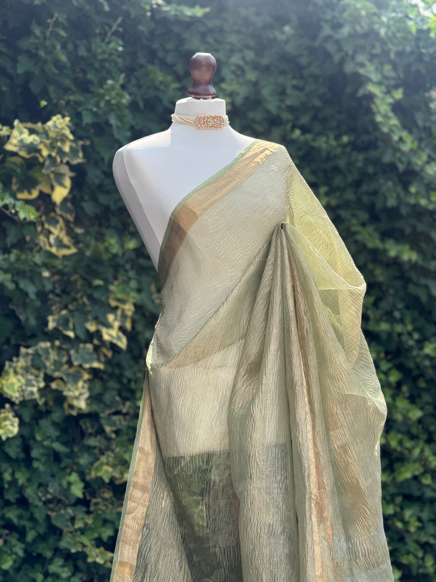 Green Crushed Organza Saree