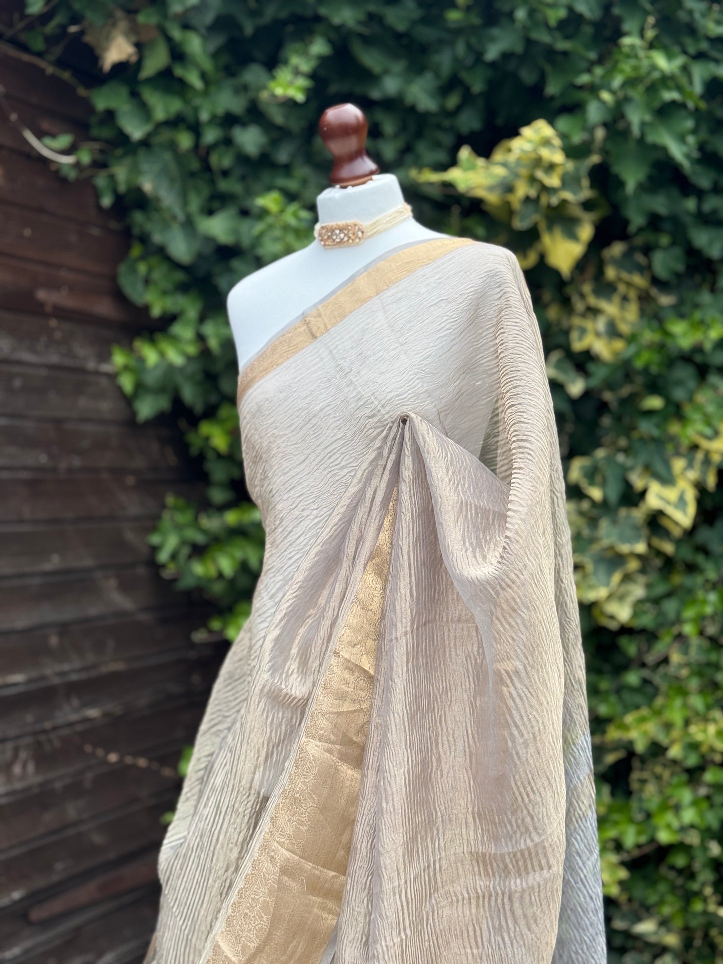 Silver Crushed Organza Saree