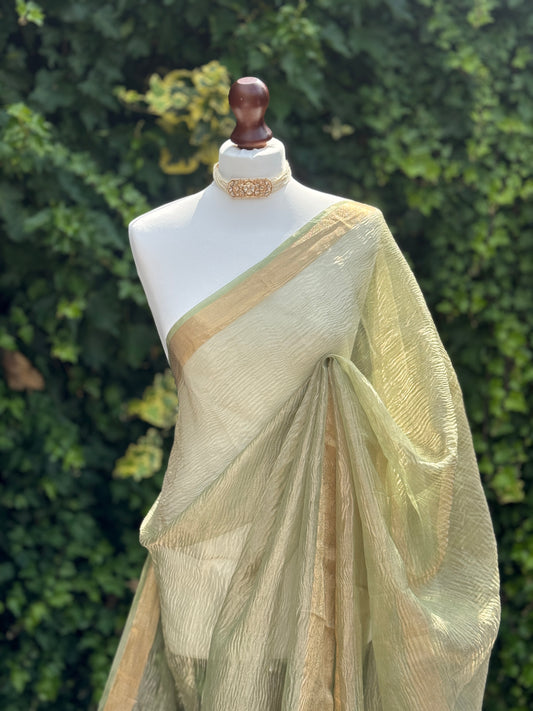 Green Crushed Organza Saree